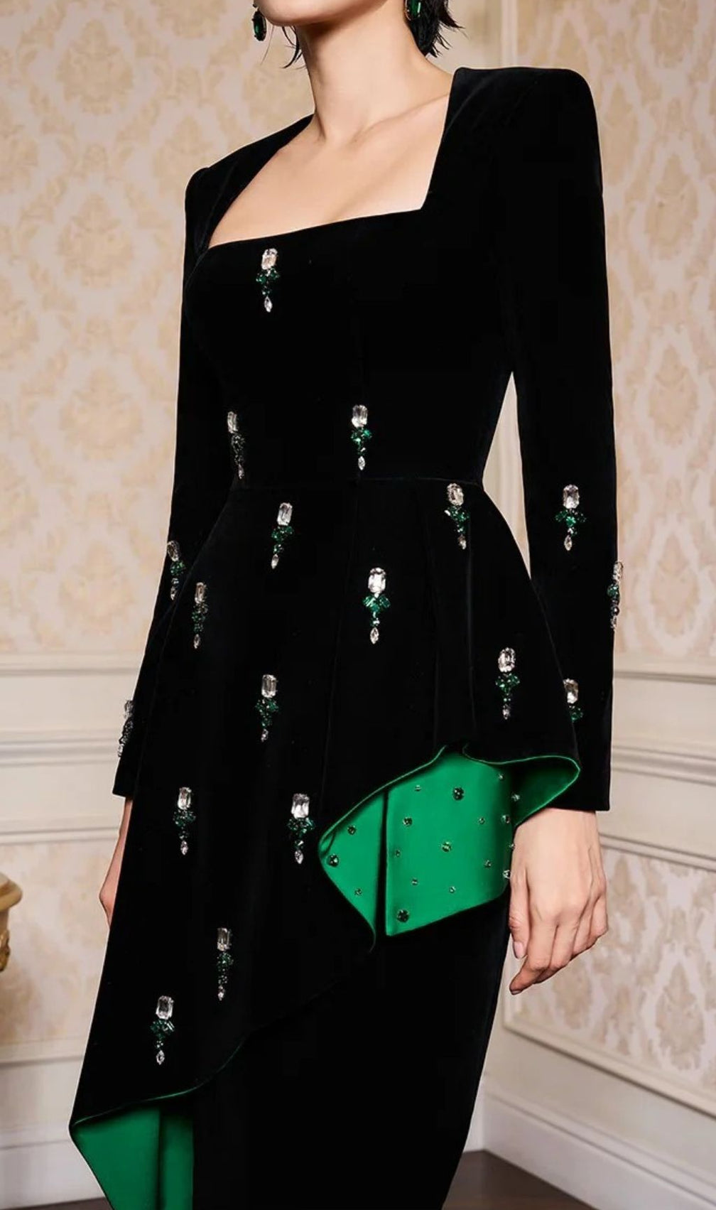 Hedya Black Velvet & Emerald Crystal Statement Maxi Gown | Long Sleeve Evening Dress