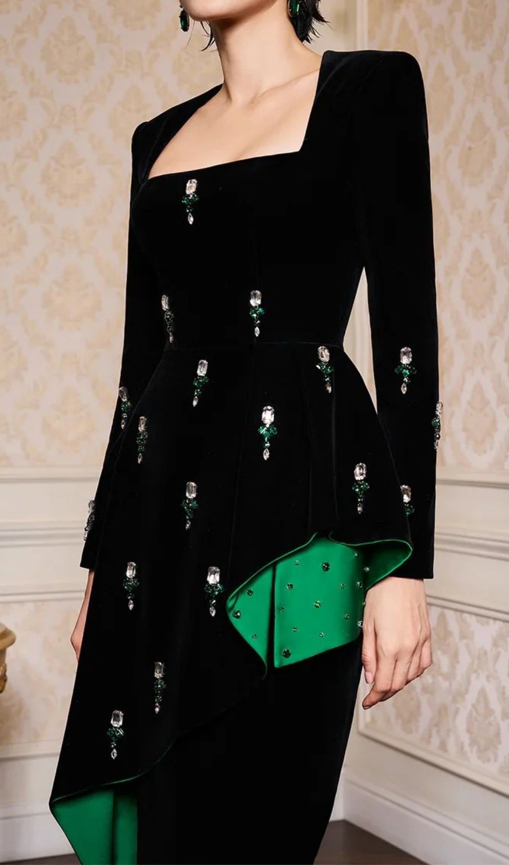 Hedya Black Velvet & Emerald Crystal Statement Maxi Gown | Long Sleeve Evening Dress