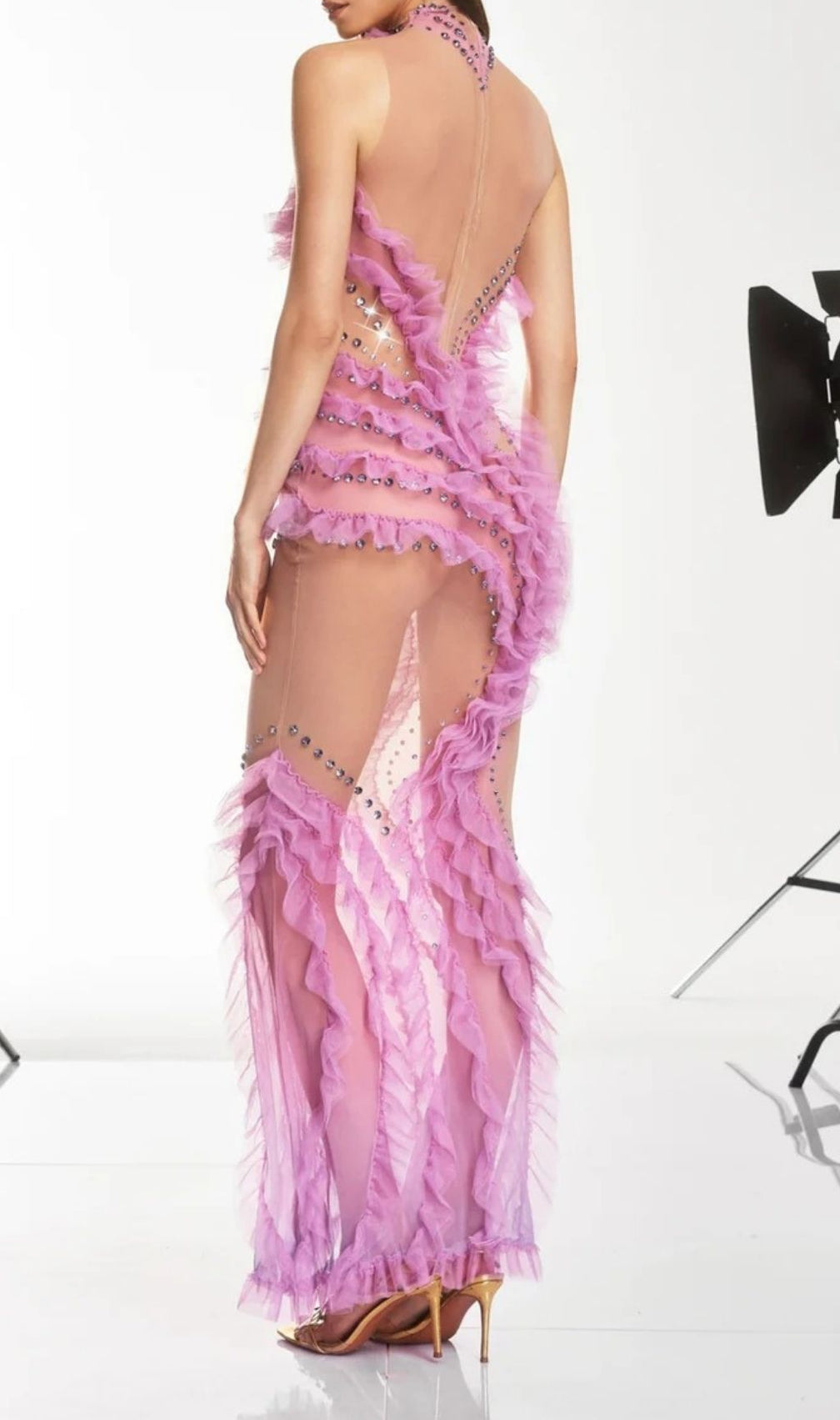 Dagur Crystal Tulle Ruffle Gown - Sheer Mesh Gala Statement Dress