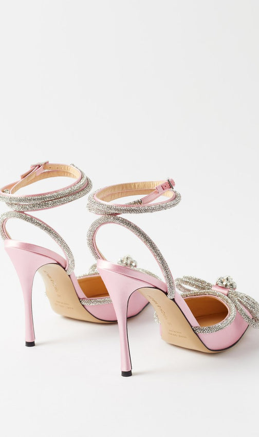 Bow Crystal Satin Heels In Blush