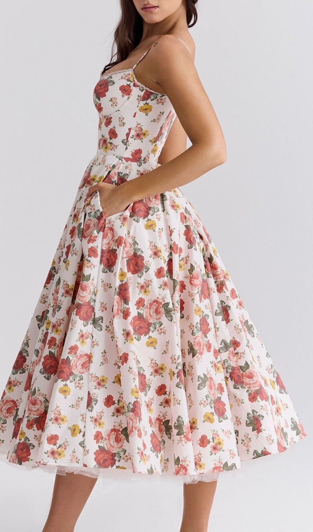 Aqua Rose Print Tulle Midi Dress