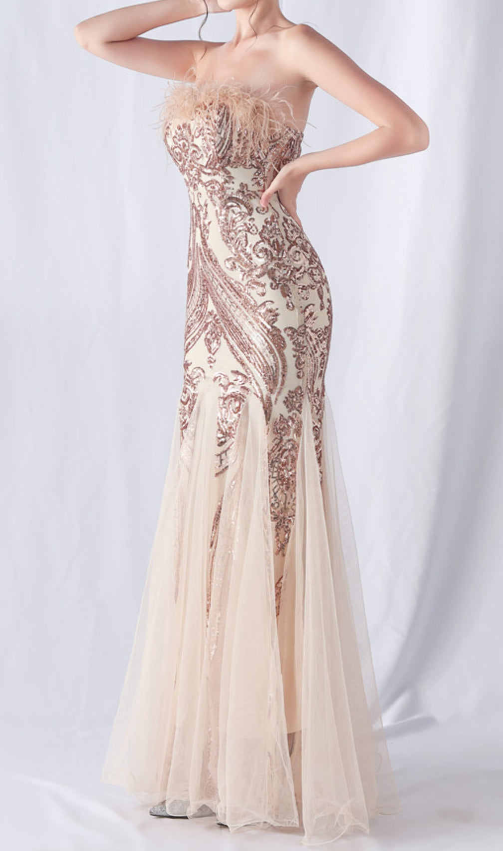 Choire Champagne Sequin Feather Maxi Dress