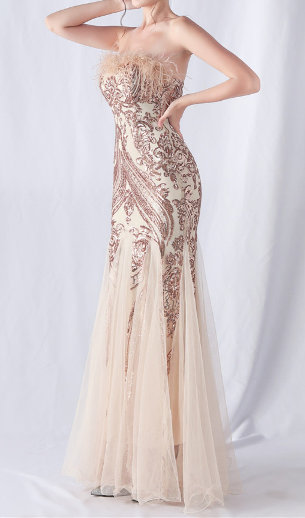 Choire Champagne Sequin Feather Maxi Dress