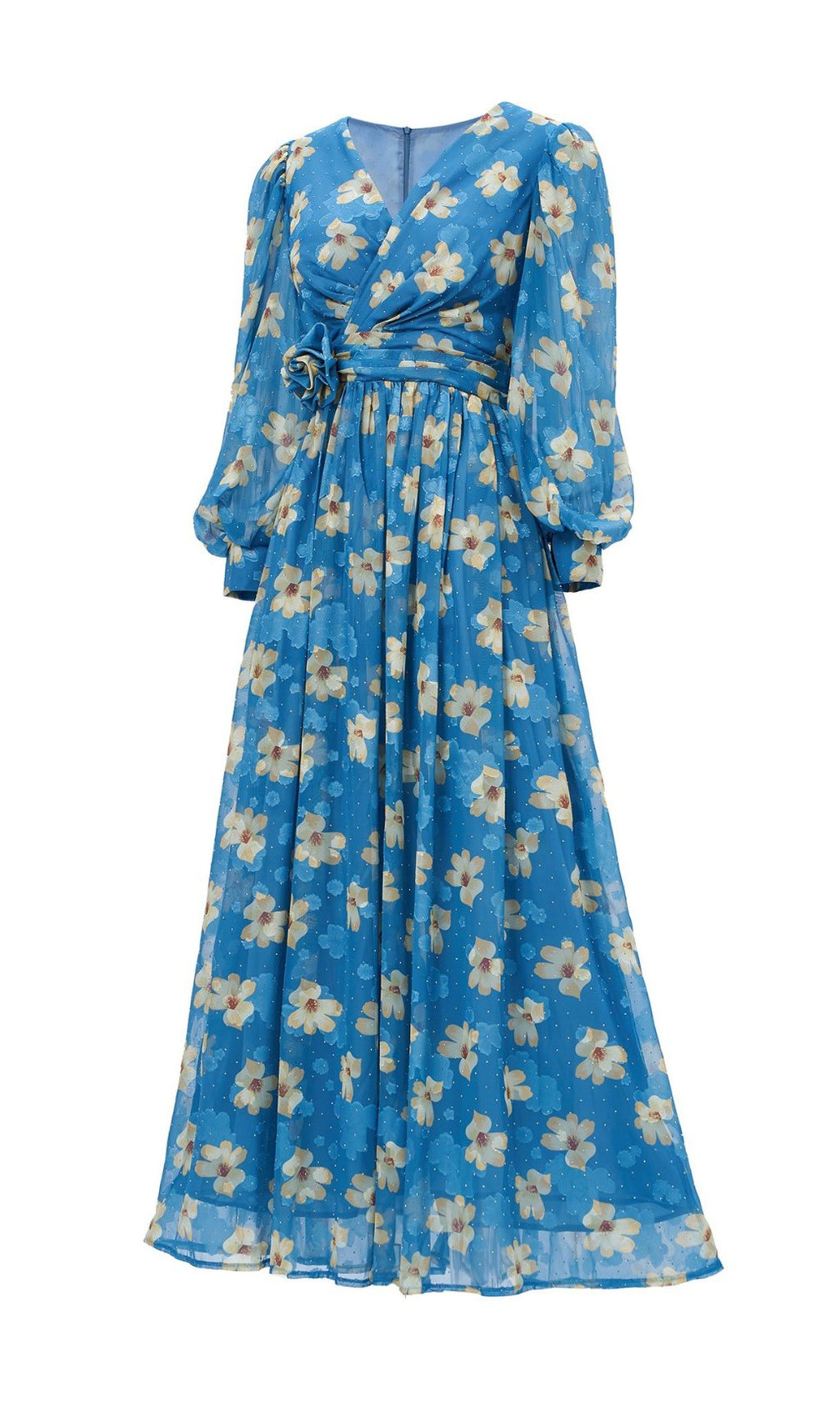 Feodora Blue Floral Printed Long Sleeve Maxi Dress