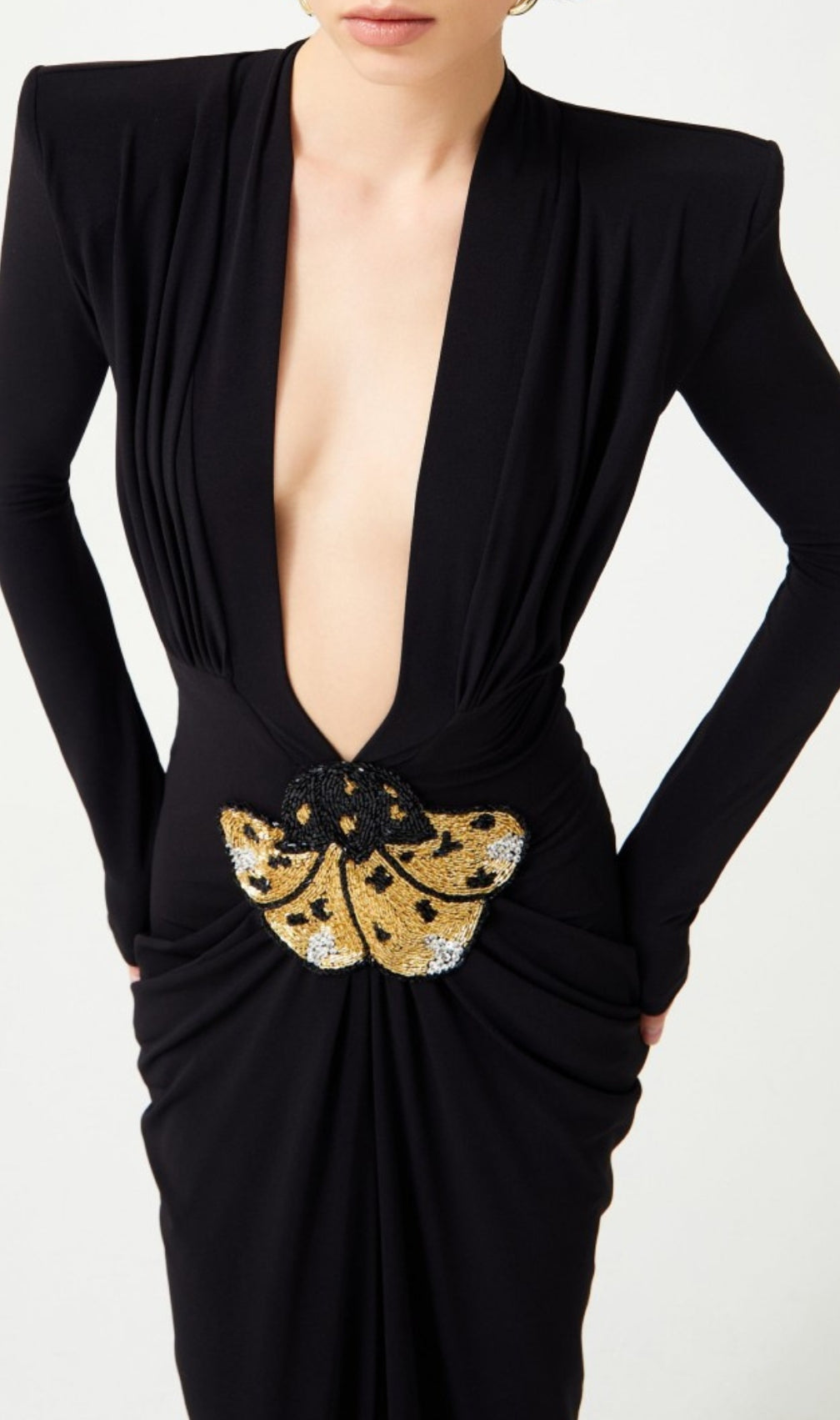 Ceana Black Deep-V Neck Long Sleeve Maxi Dress