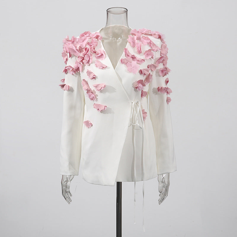 Feo White Flower Embellished Blazer & Midi Skirt