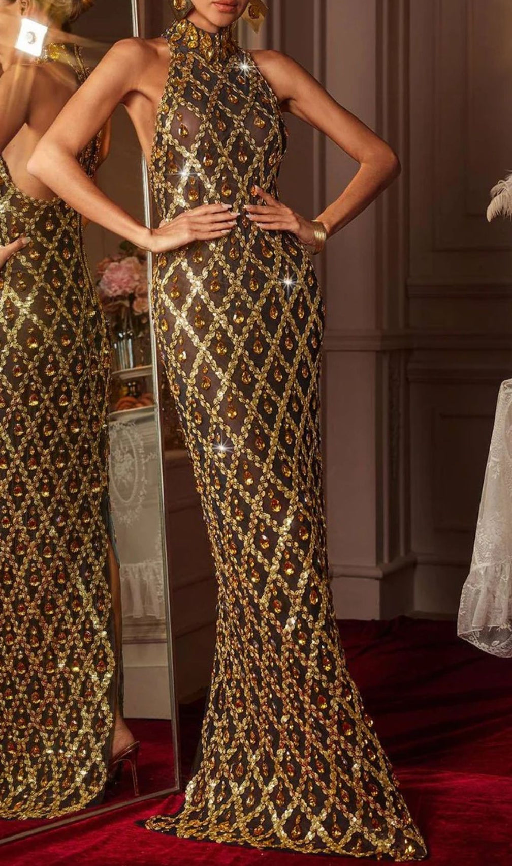 Liora Opulent Gold Sequin Crystal Halter Maxi Dress - Dazzling Gala Gown