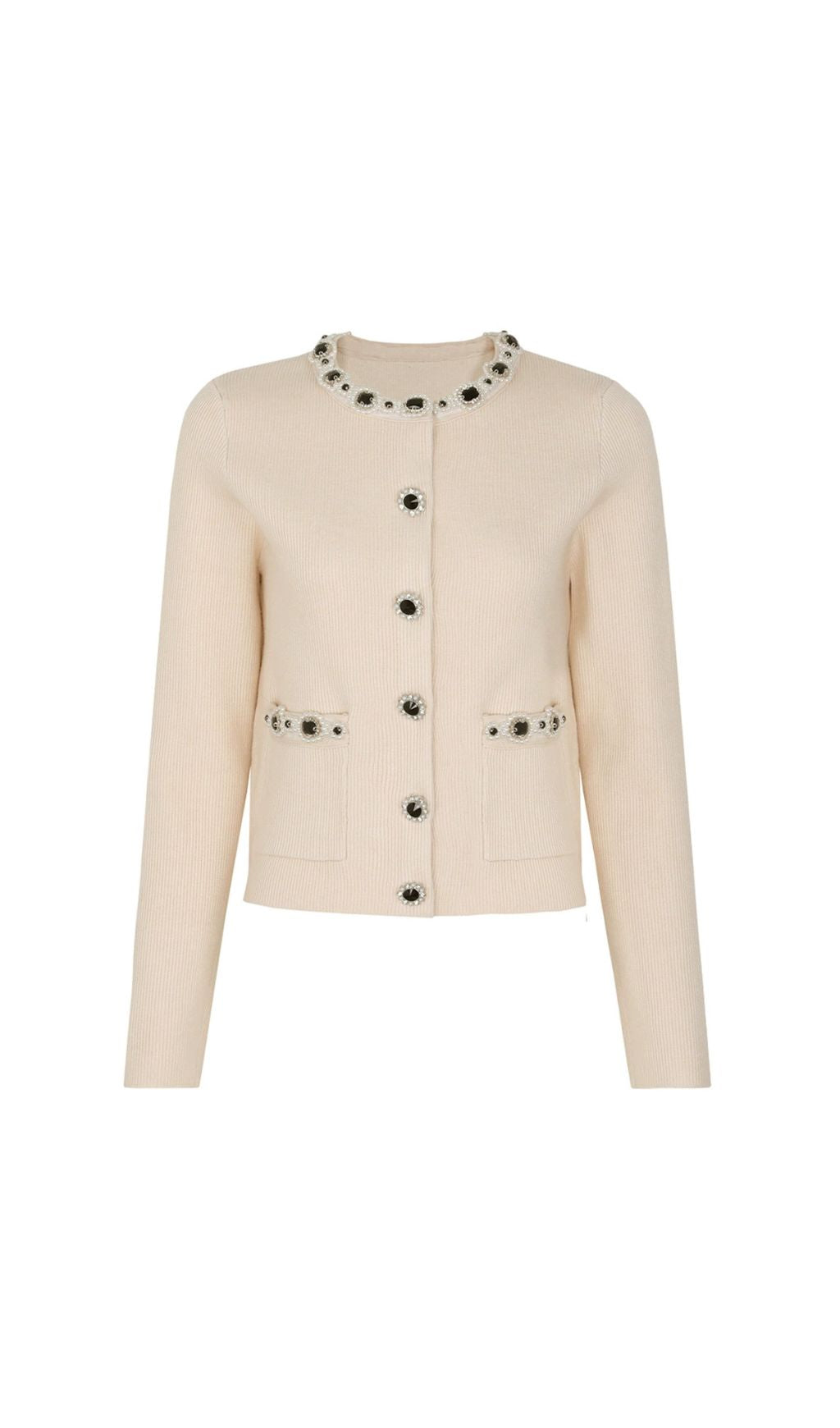 Jie Luxe Knit Embellished Cardigan & Flared Skirt Set - Effortless Apricot Chic