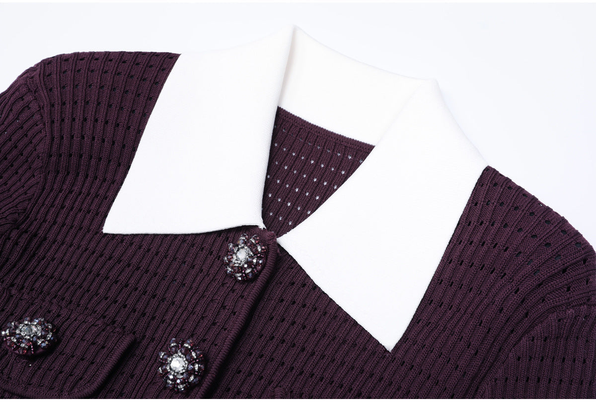 Karoline Tailored Pointelle Knit Cardigan – Elegant Contrast Collar