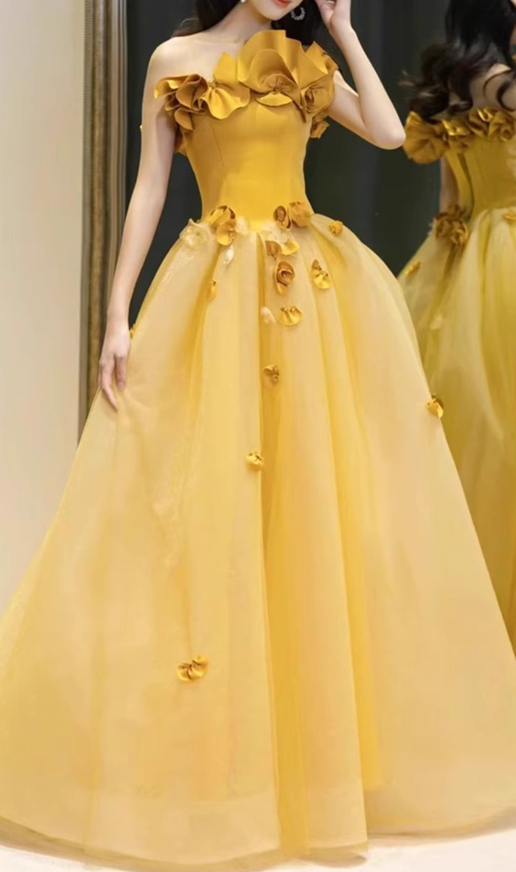 Dalia Yellow Flower Embellished Maxi Dress