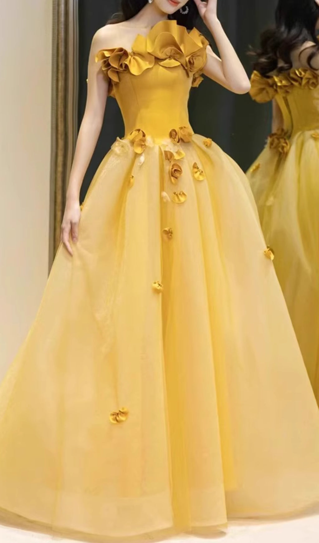 Dalia Yellow Flower Embellished Maxi Dress