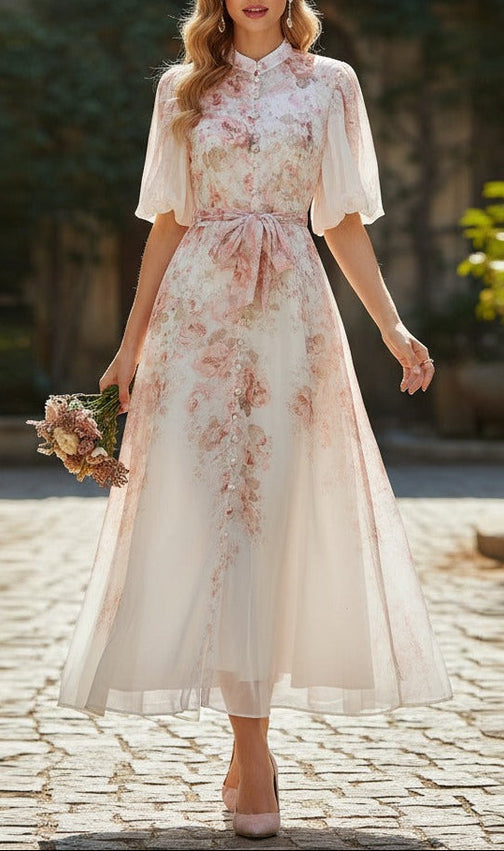 Pink Floral Print Mandarin Collar Chiffon Maxi Dress