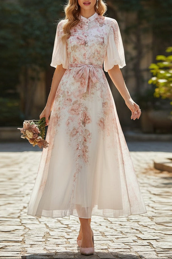 Pink Floral Print Mandarin Collar Chiffon Maxi Dress