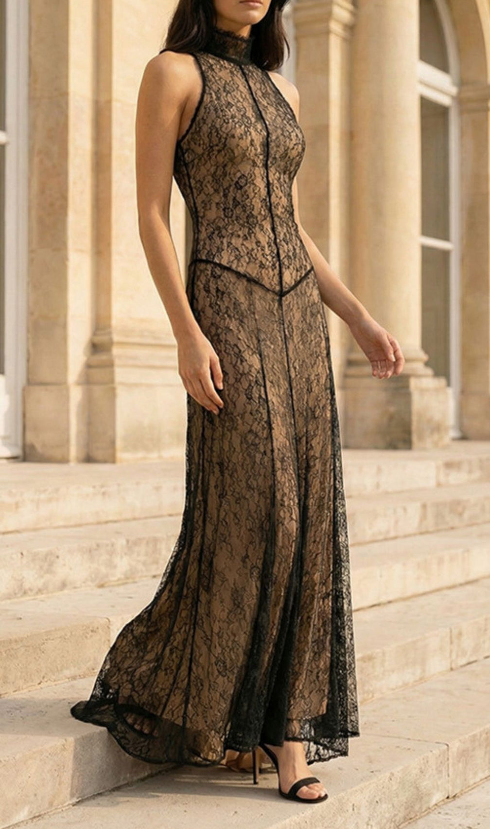 Jagna Black Lace Mock Neck Maxi Gown - Elegant Formal Evening Dress