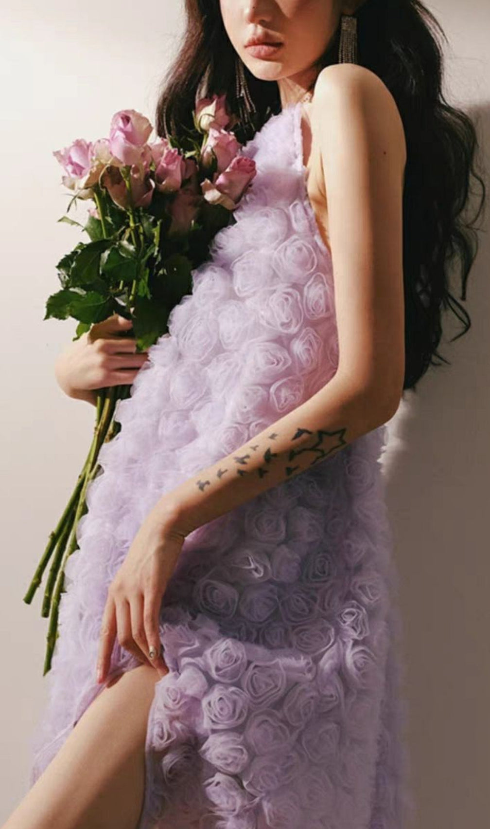 3D Purple Rose Halter Neck Backless Midi Dress