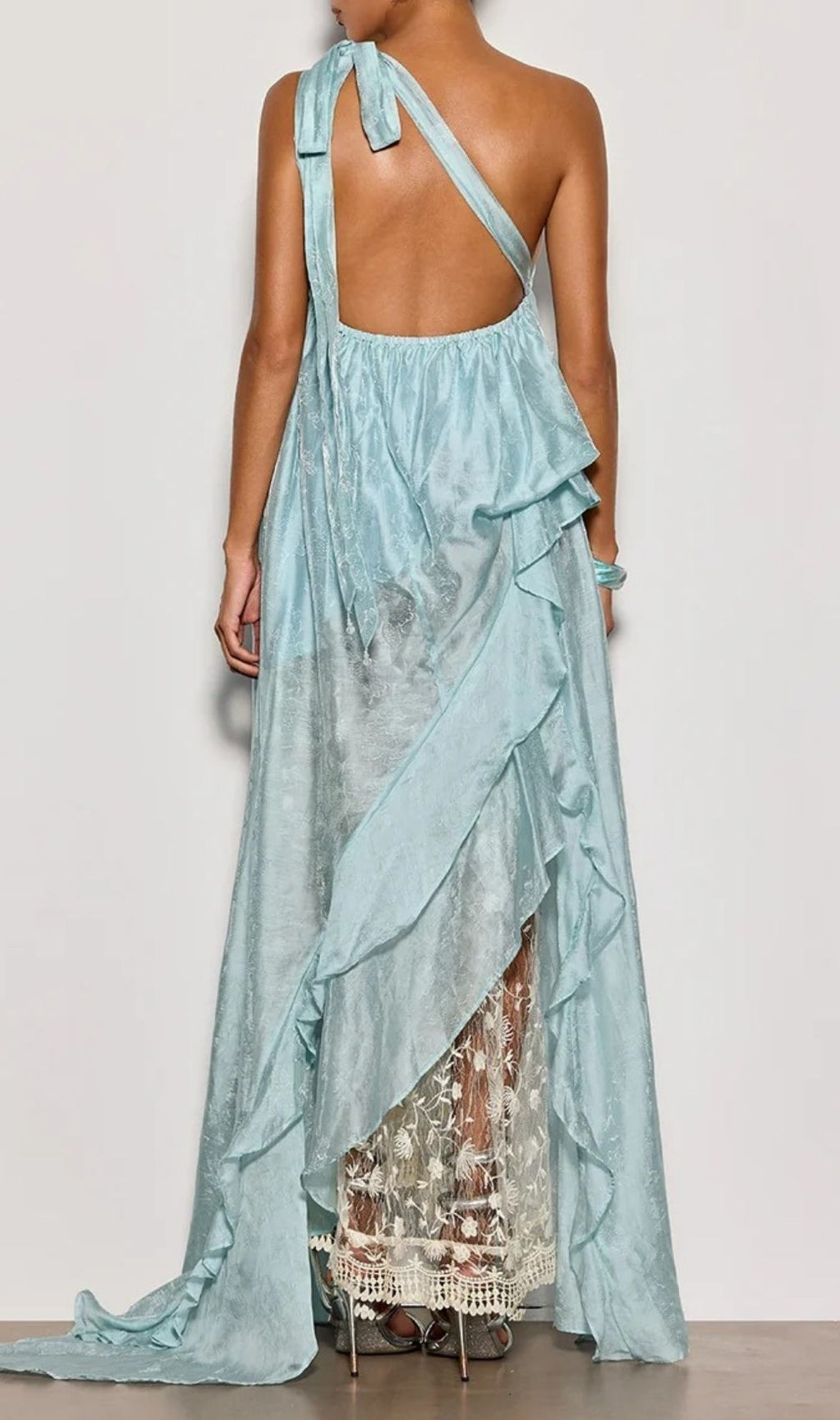 Czelaw One Shoulder Lace Maxi Dress In Icy Blue