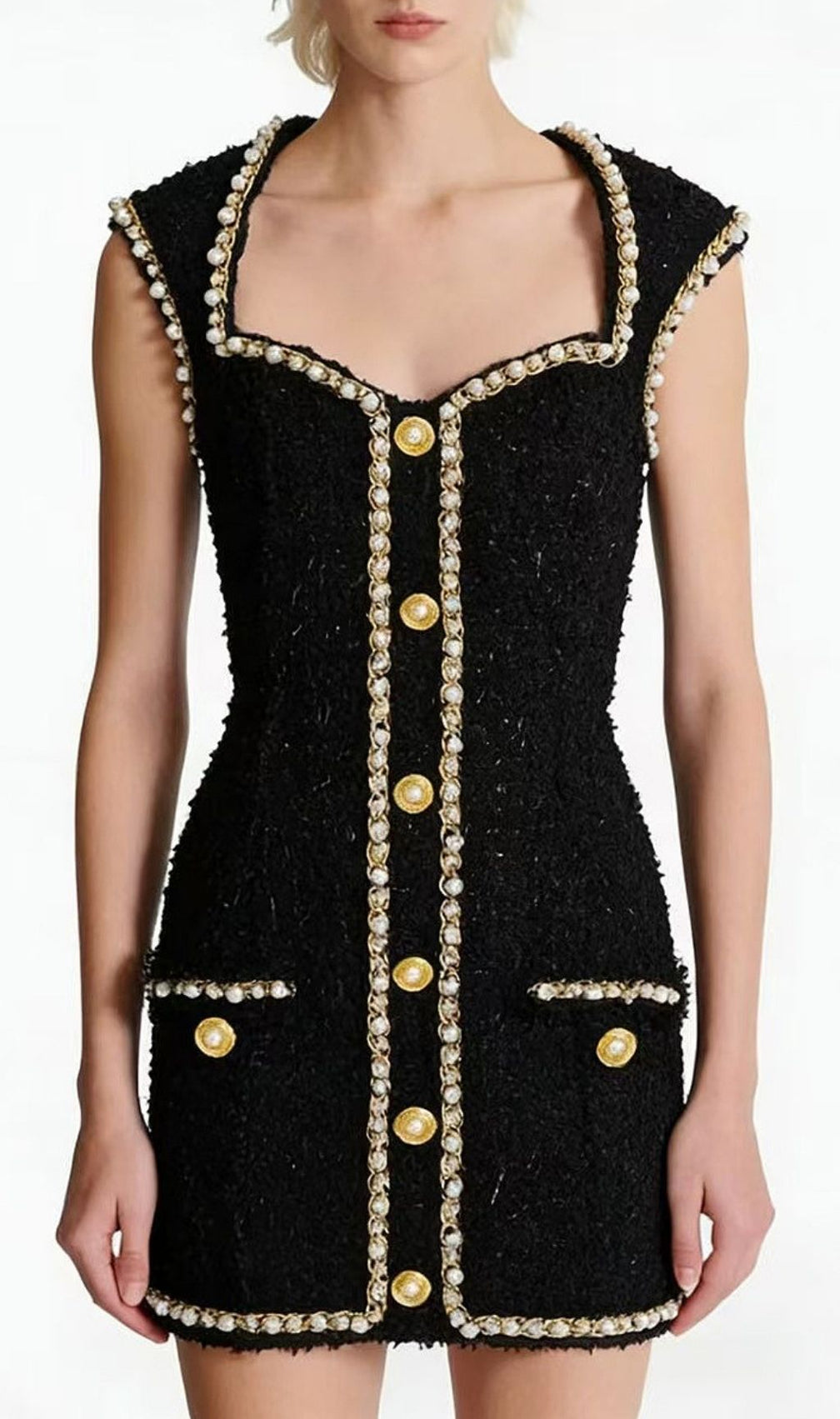 Kayah Black Tweed Mini Dress: Pearl & Gold Chain Embellished Glamour