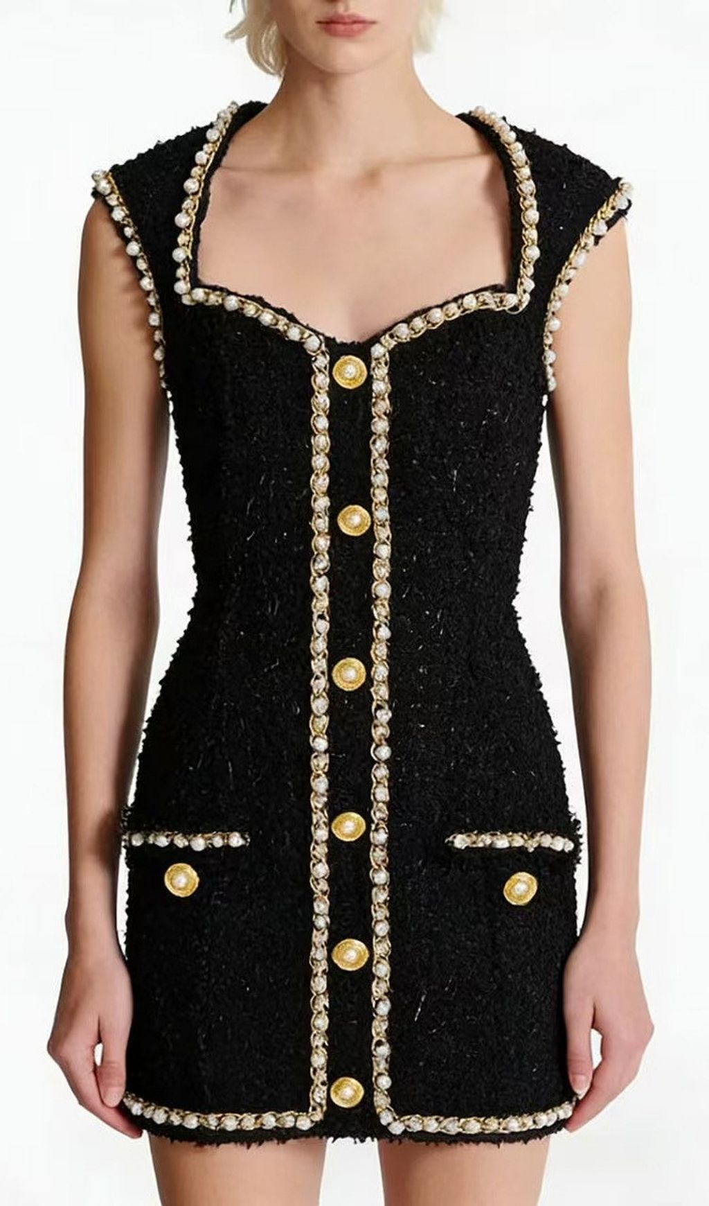 Kayah Black Tweed Mini Dress: Pearl & Gold Chain Embellished Glamour
