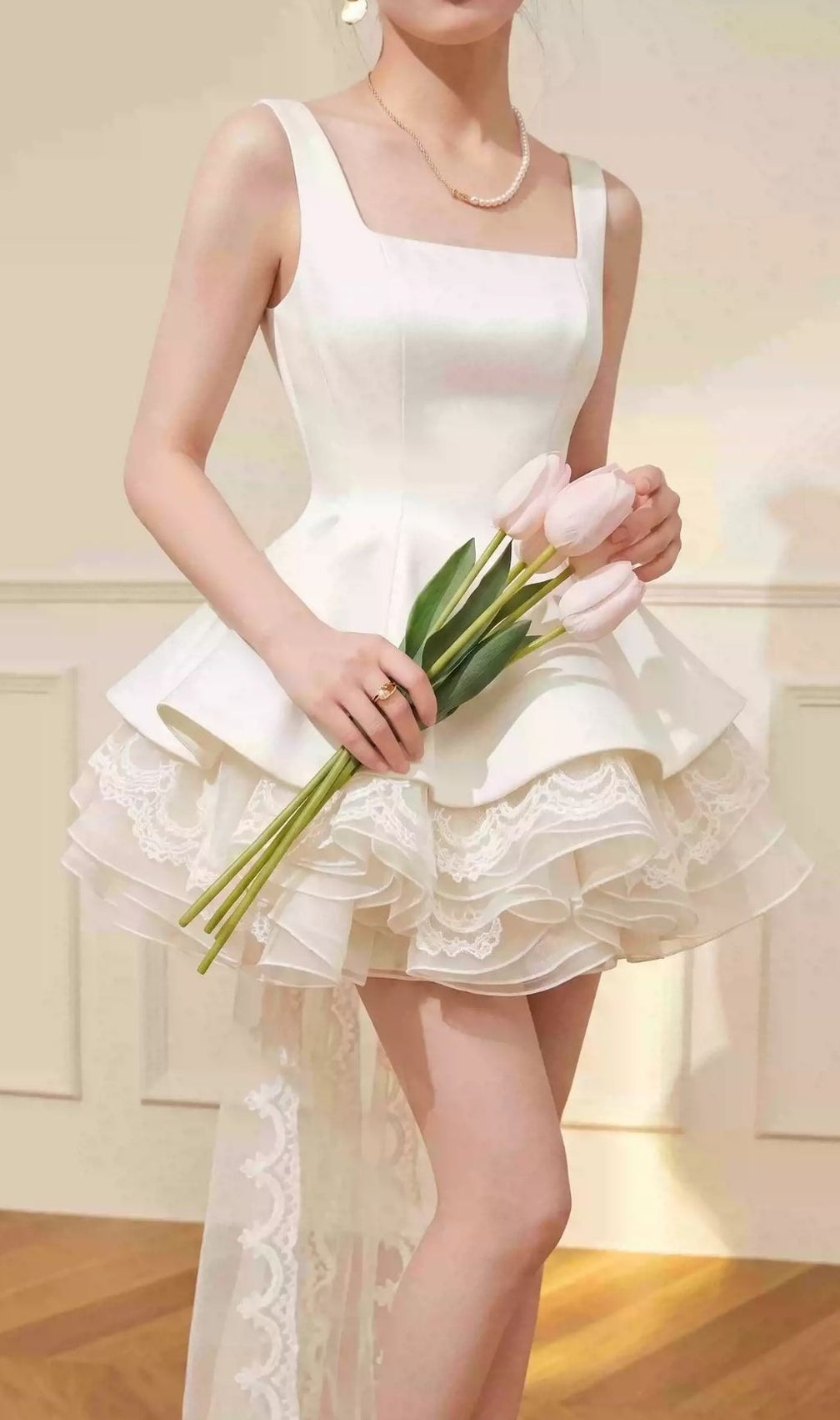 Kiki White Lace Bow Mini Dress | Tiered Ruffle Skirt, Elegant Train | Bridal & Cocktail Party