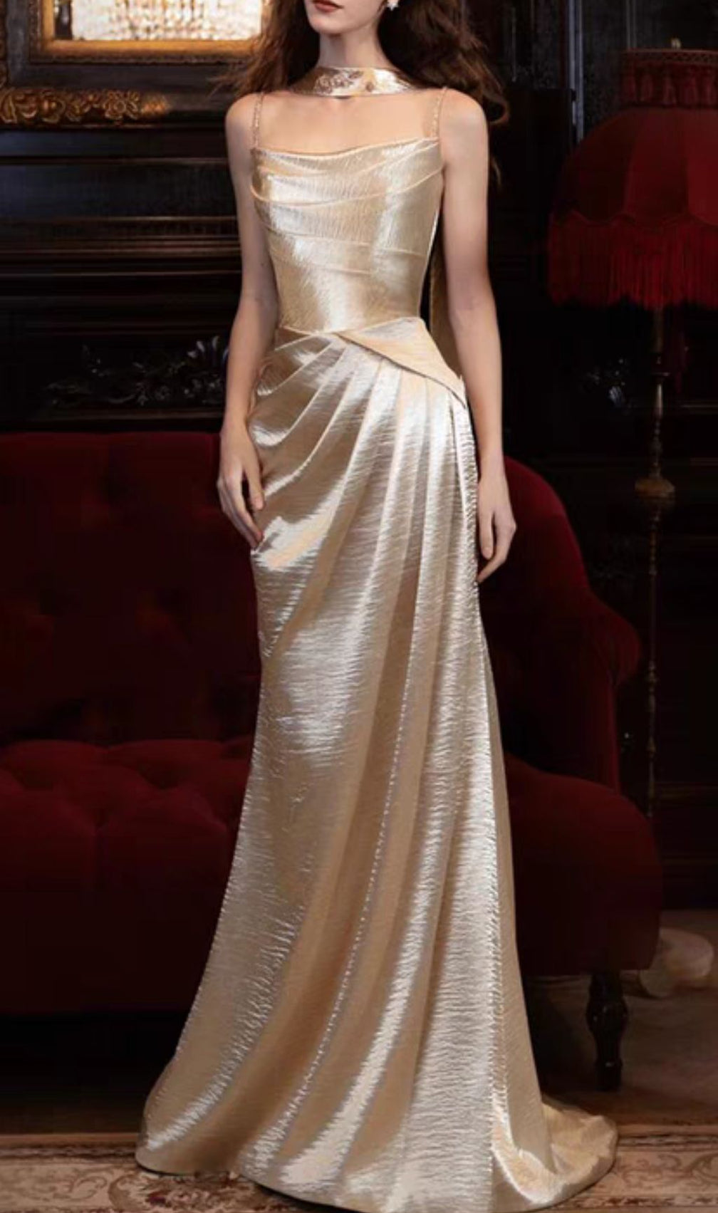 Hung Champagne Strappy Ruched Maxi Dress