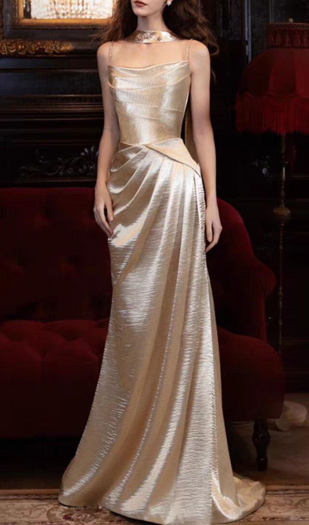 Hung Champagne Strappy Ruched Maxi Dress