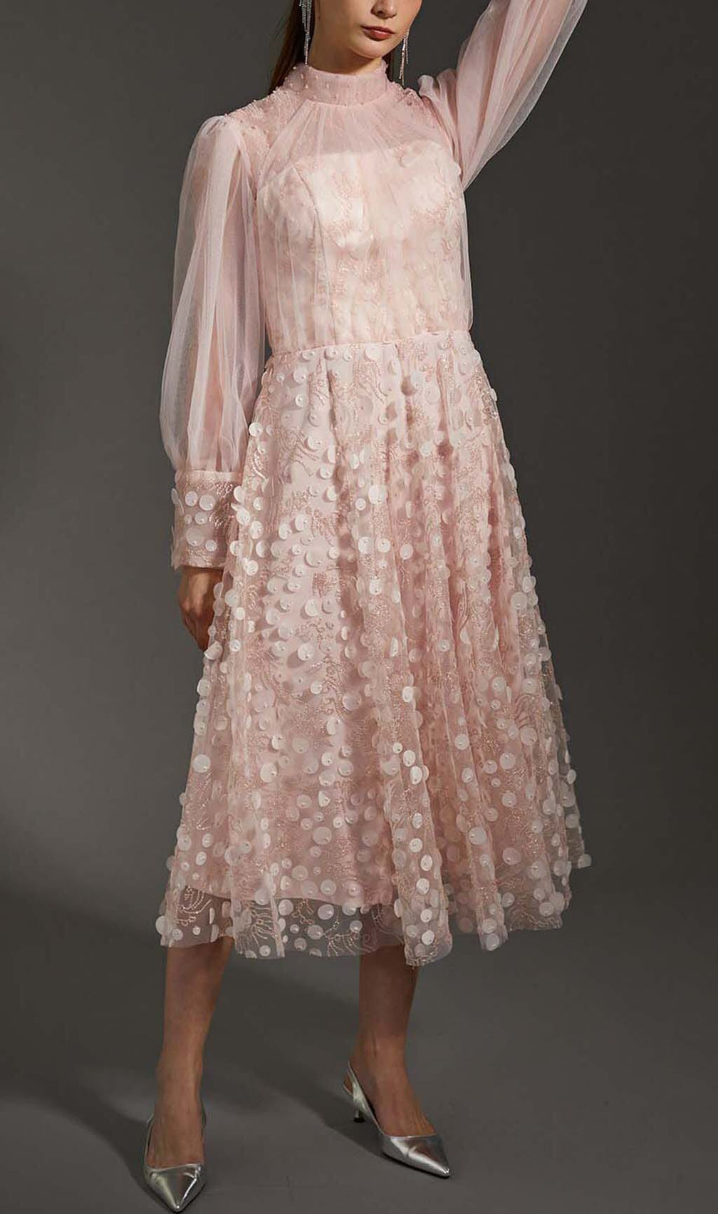 Sequin Mesh Tulle Midi Dress In Pink