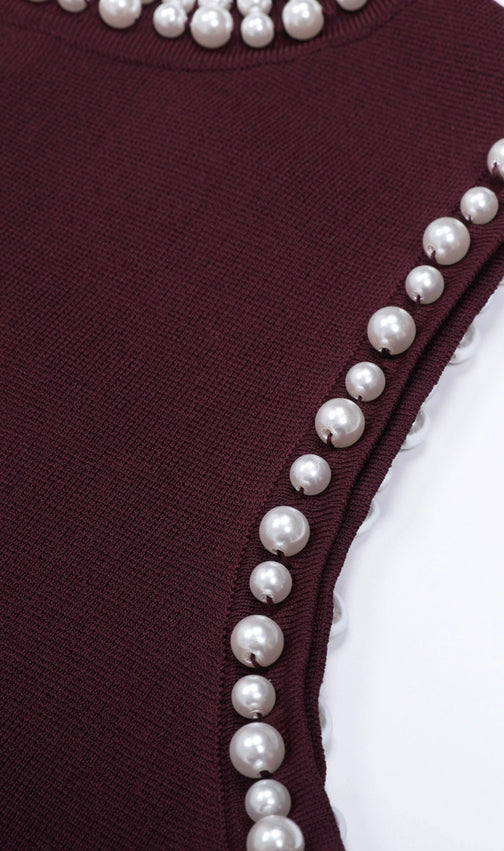 Junko Pearl Choker Sleeveless Knit Maxi Dress with Fringe Hem