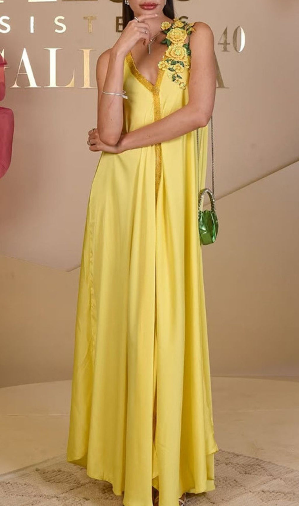 Inge Radiant Yellow Halter Maxi Dress with 3D Floral Appliques - Chic Flowy Gown