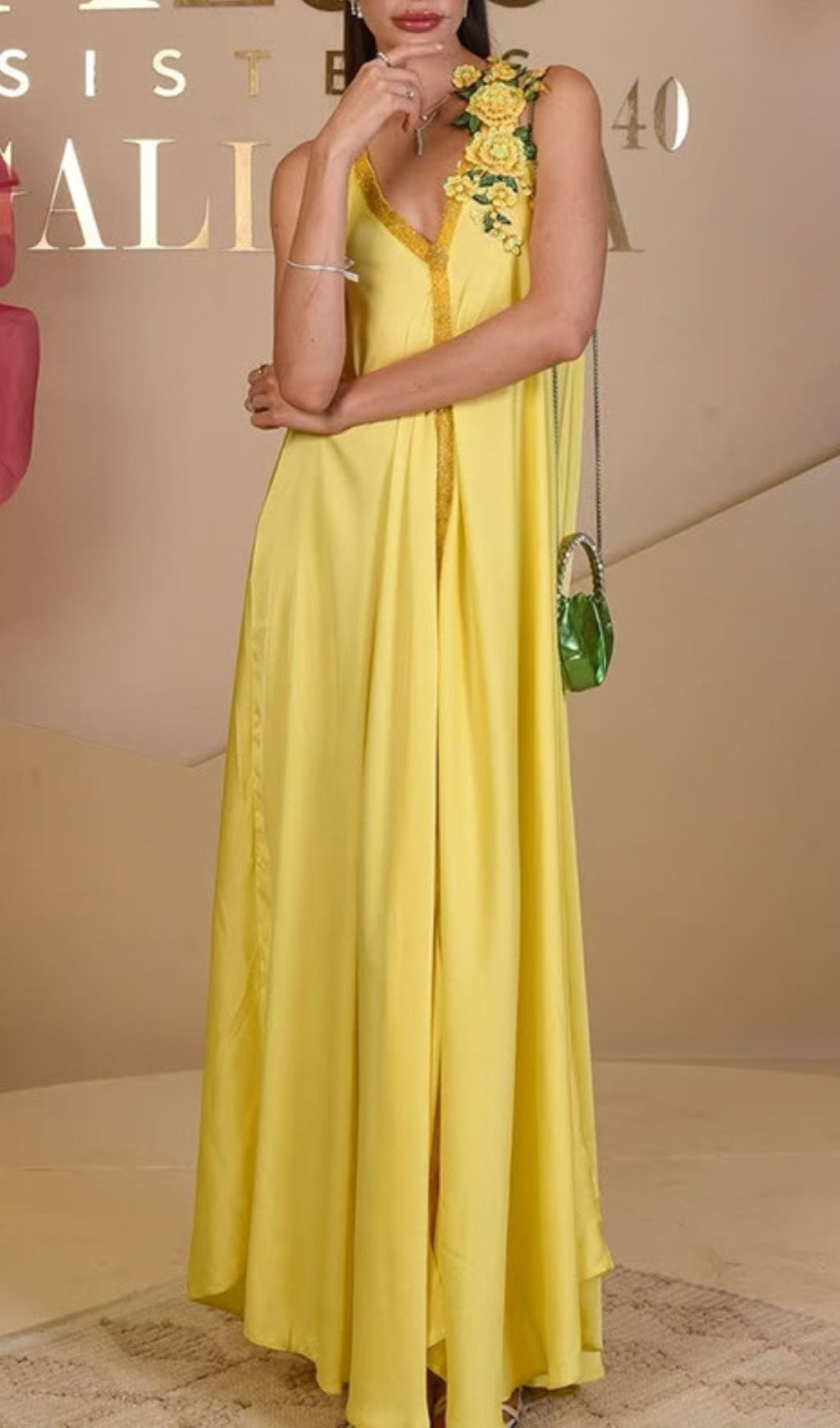 Inge Radiant Yellow Halter Maxi Dress with 3D Floral Appliques - Chic Flowy Gown