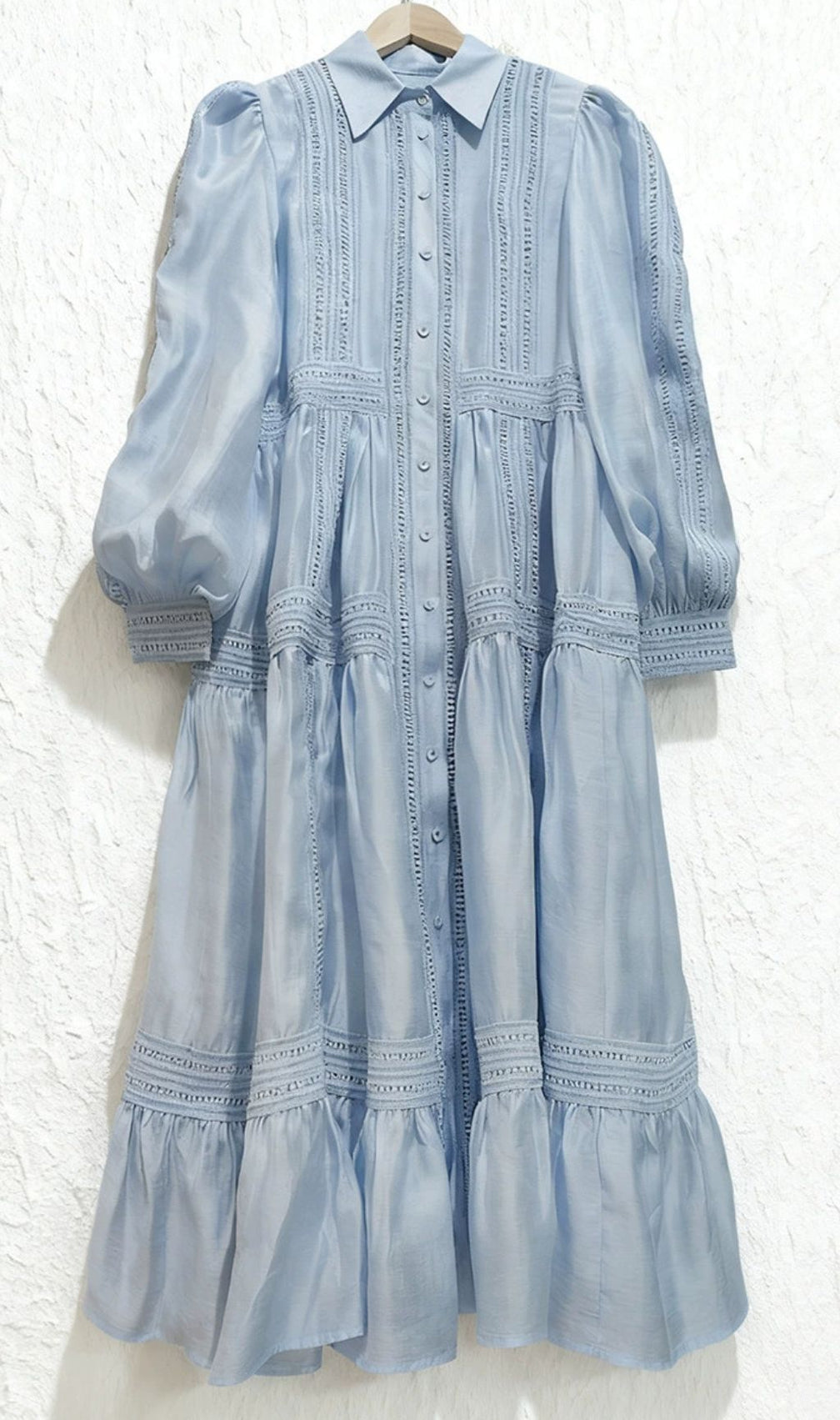 Izumi Sky Blue Lace Tiered Midi Shirtdress | Elegant Long Sleeve Dress for Women