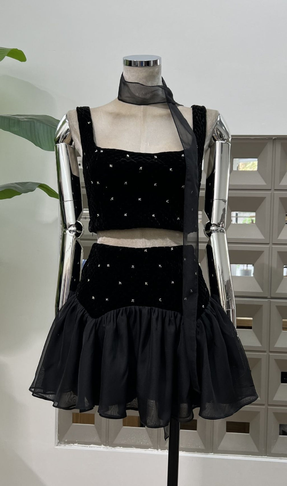 Isabell Black Embellished Velvet Crop Top & Ruffled Skirt Set - Party Ready