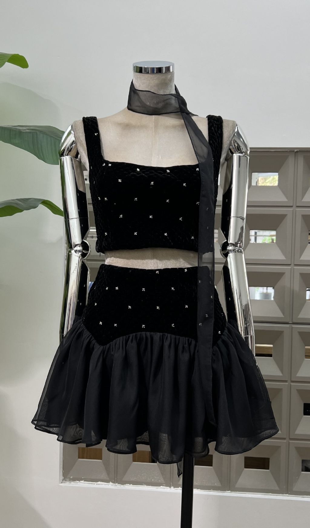 Isabell Black Embellished Velvet Crop Top & Ruffled Skirt Set - Party Ready