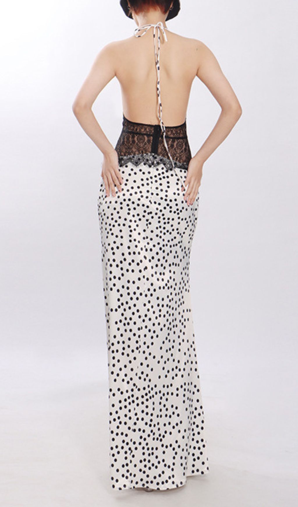 Jezziel Chic Polka Dot & Lace Halter Maxi Dress - Elegant Women's Gown