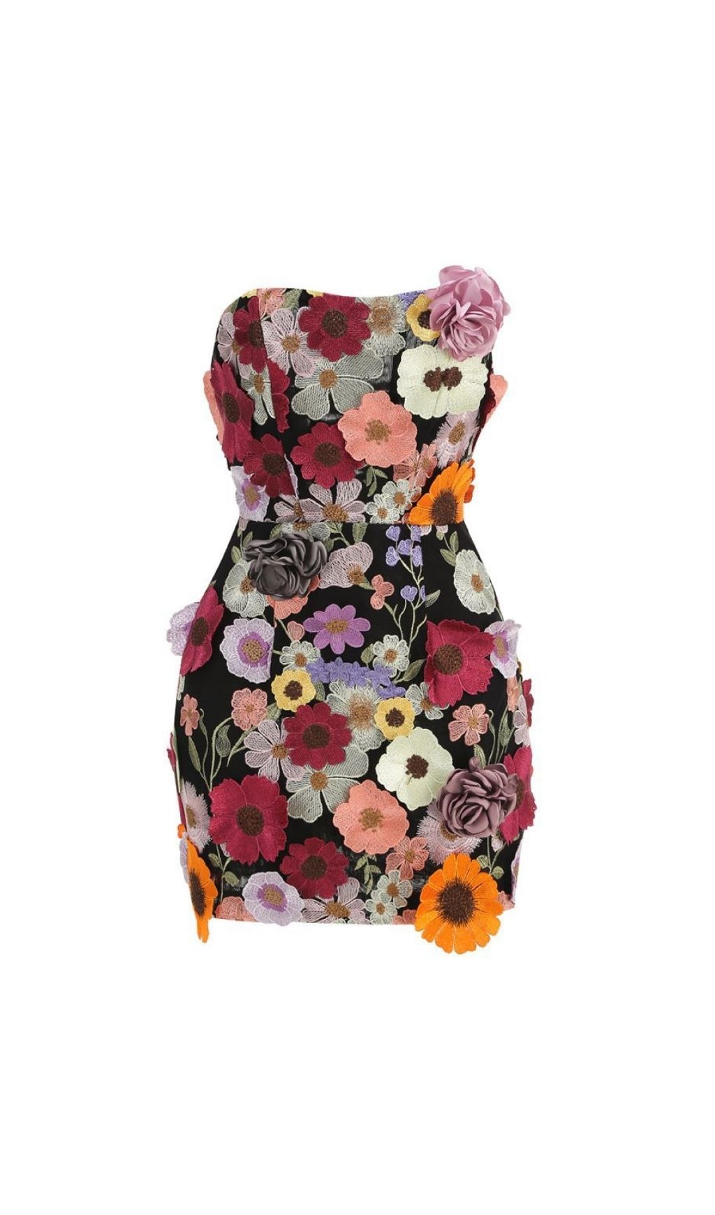Laasya Black Strapless Flower Embroidery Mini Dress