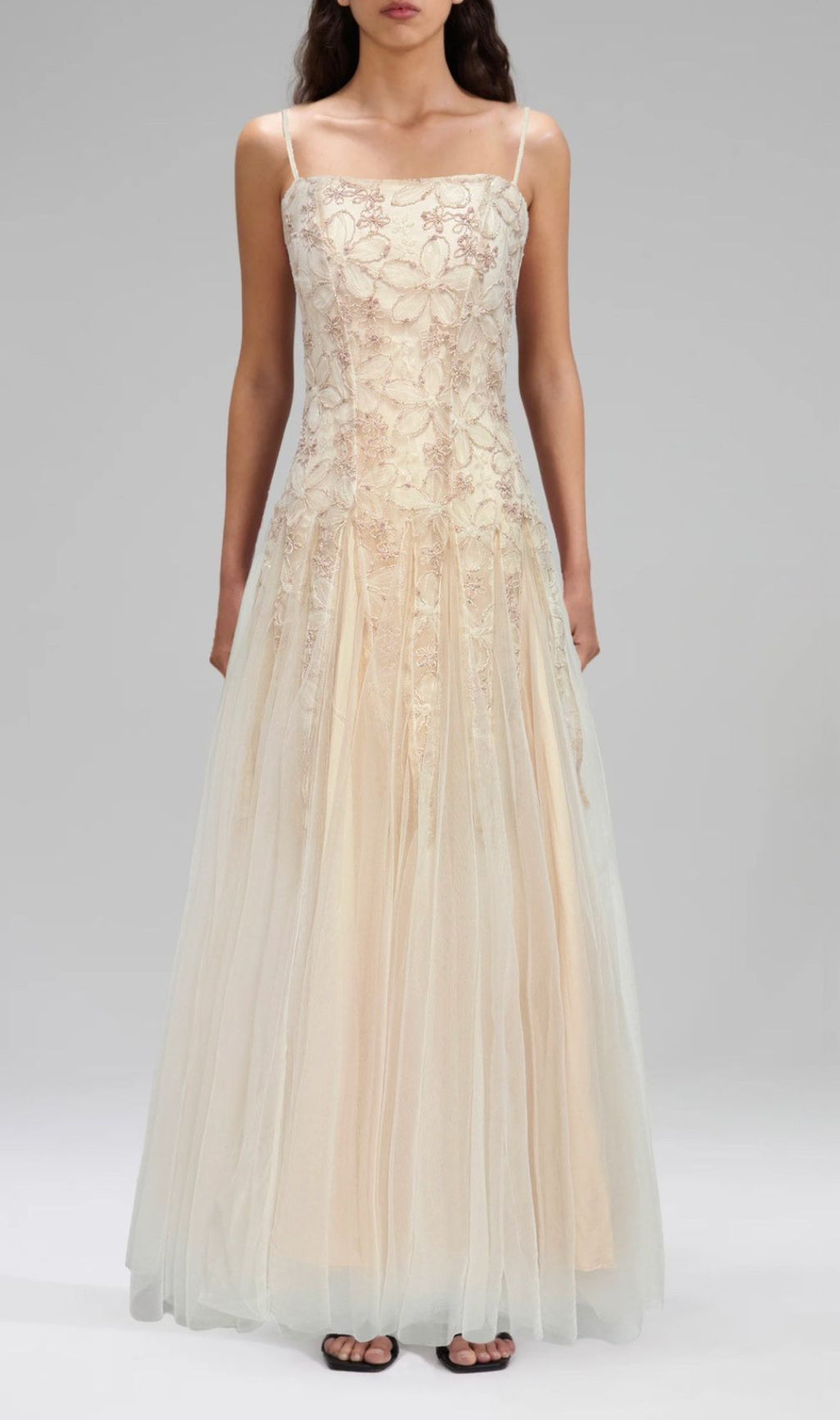 Gustave Strappy Flower Embroidery Mesh Maxi Dress