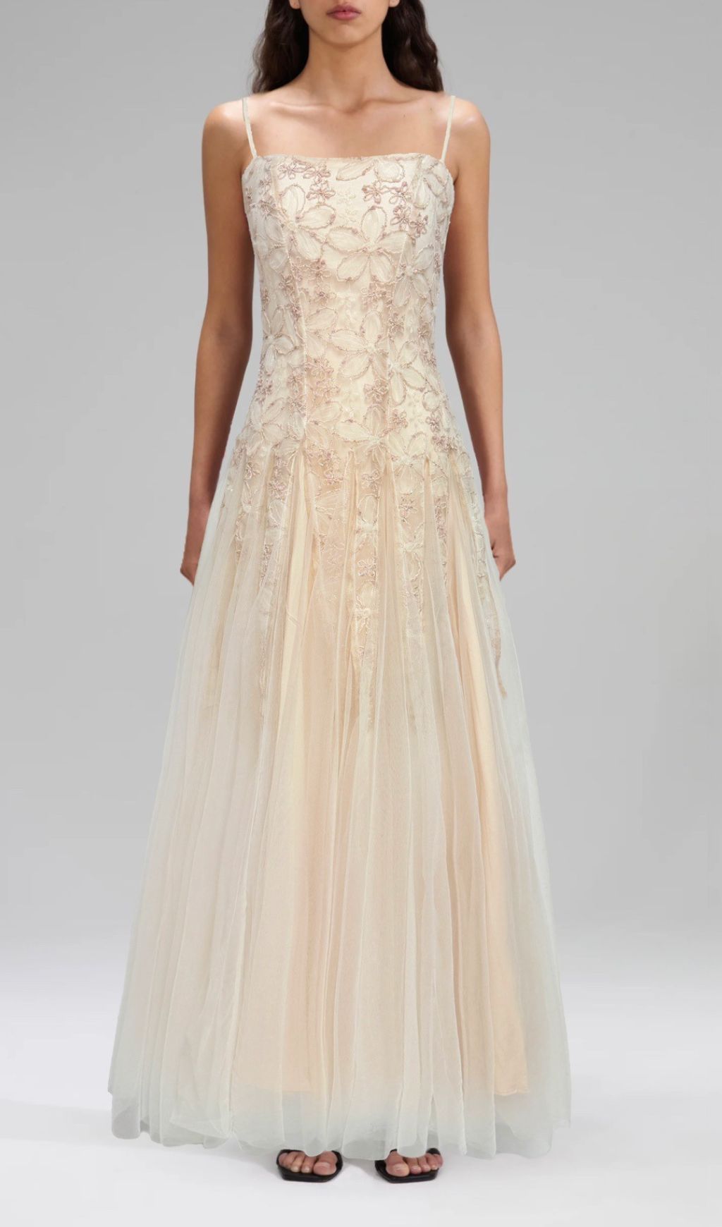 Gustave Strappy Flower Embroidery Mesh Maxi Dress