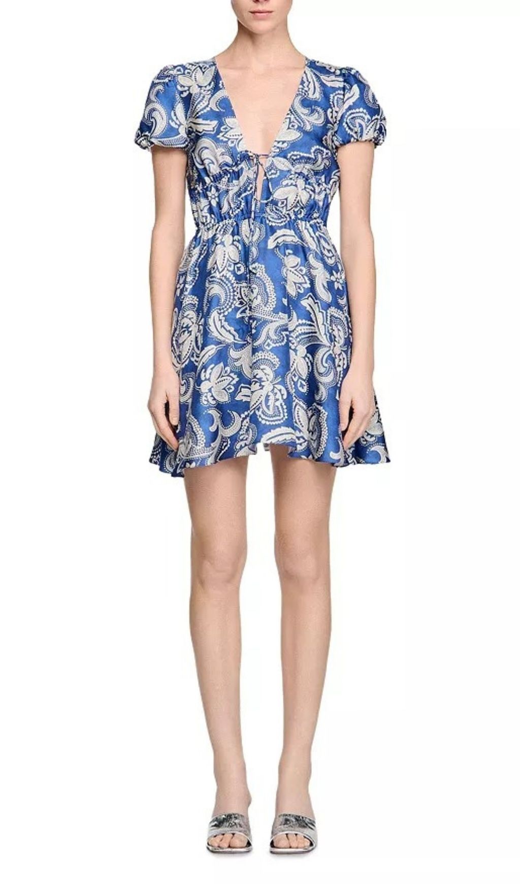 Effortless Chic Blue Paisley Print Mini Dress | V-Neck Puff Sleeve Summer Style