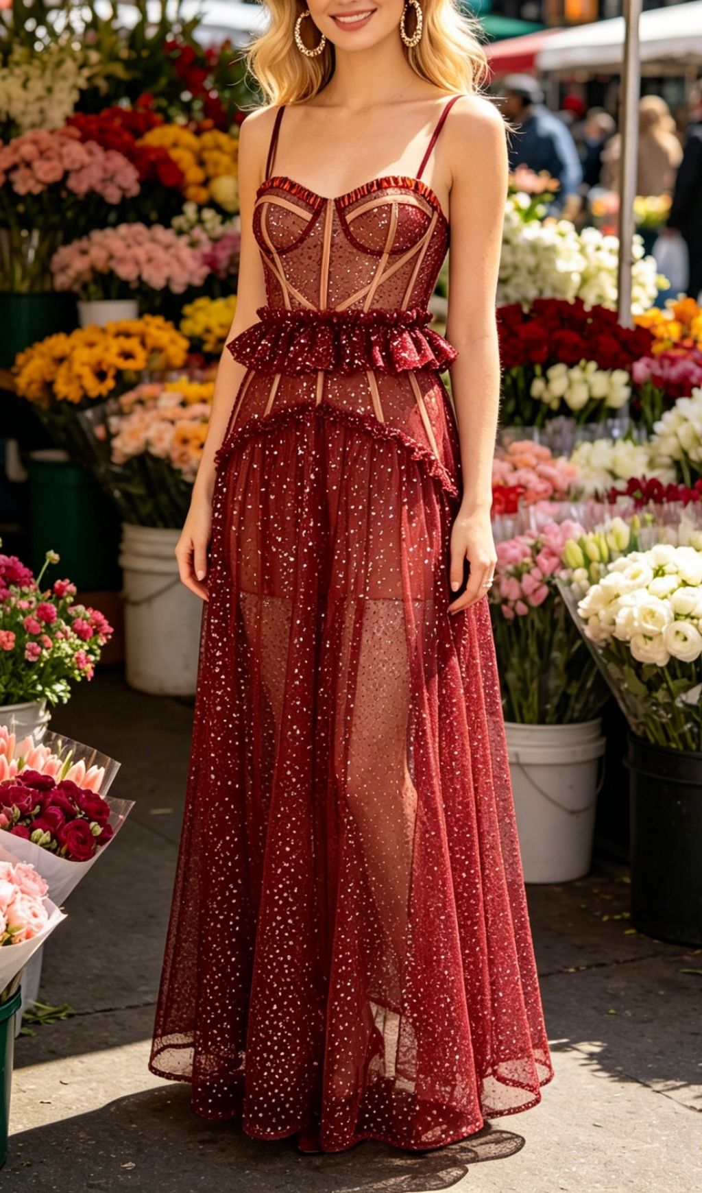 Korene Red Strappy Sequin Mesh Maxi Dress