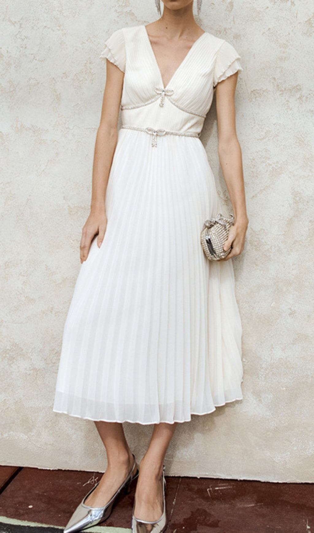 Eternity White V-Neck Bow Midi Dress