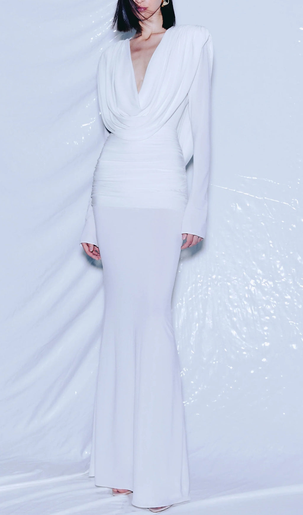 White Long Sleeve Draped Backless Maxi Dress