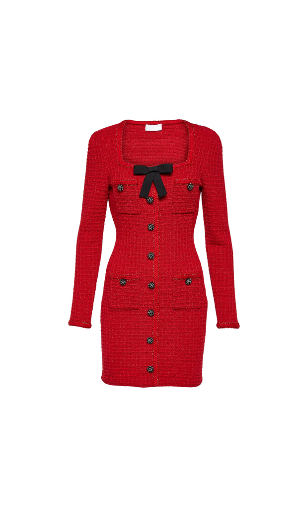 RED KNIT BOW ROUND NECK MINI DRESS