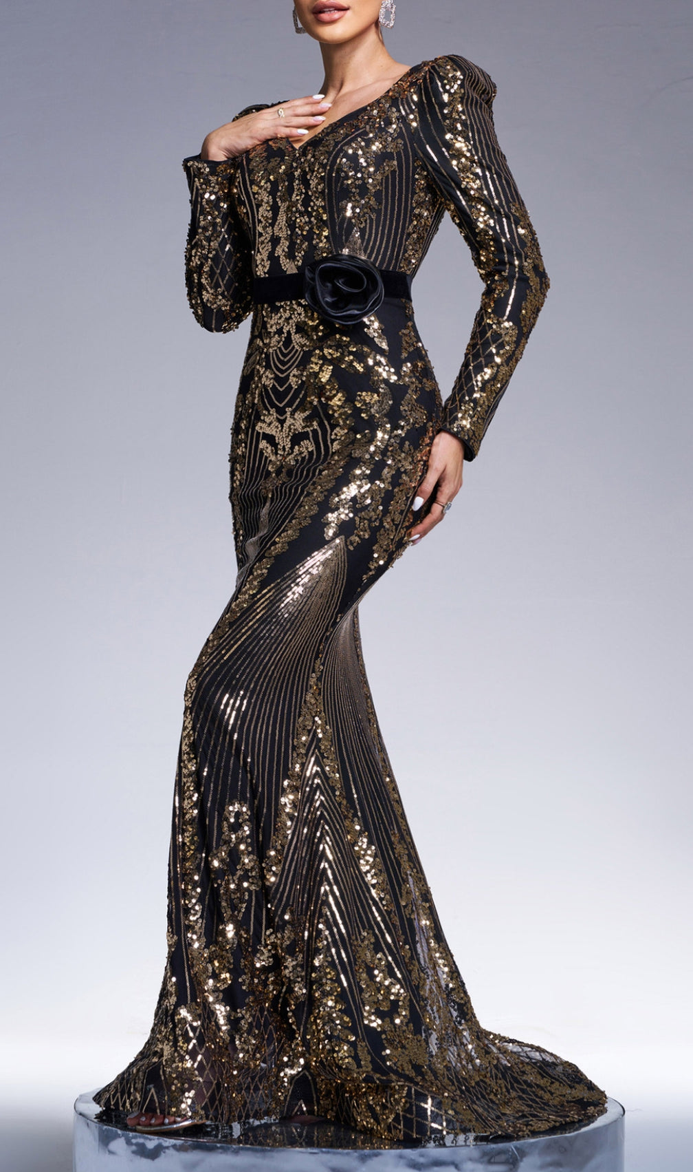 Chapa Gold Sequin Long Sleeve Maxi Dress