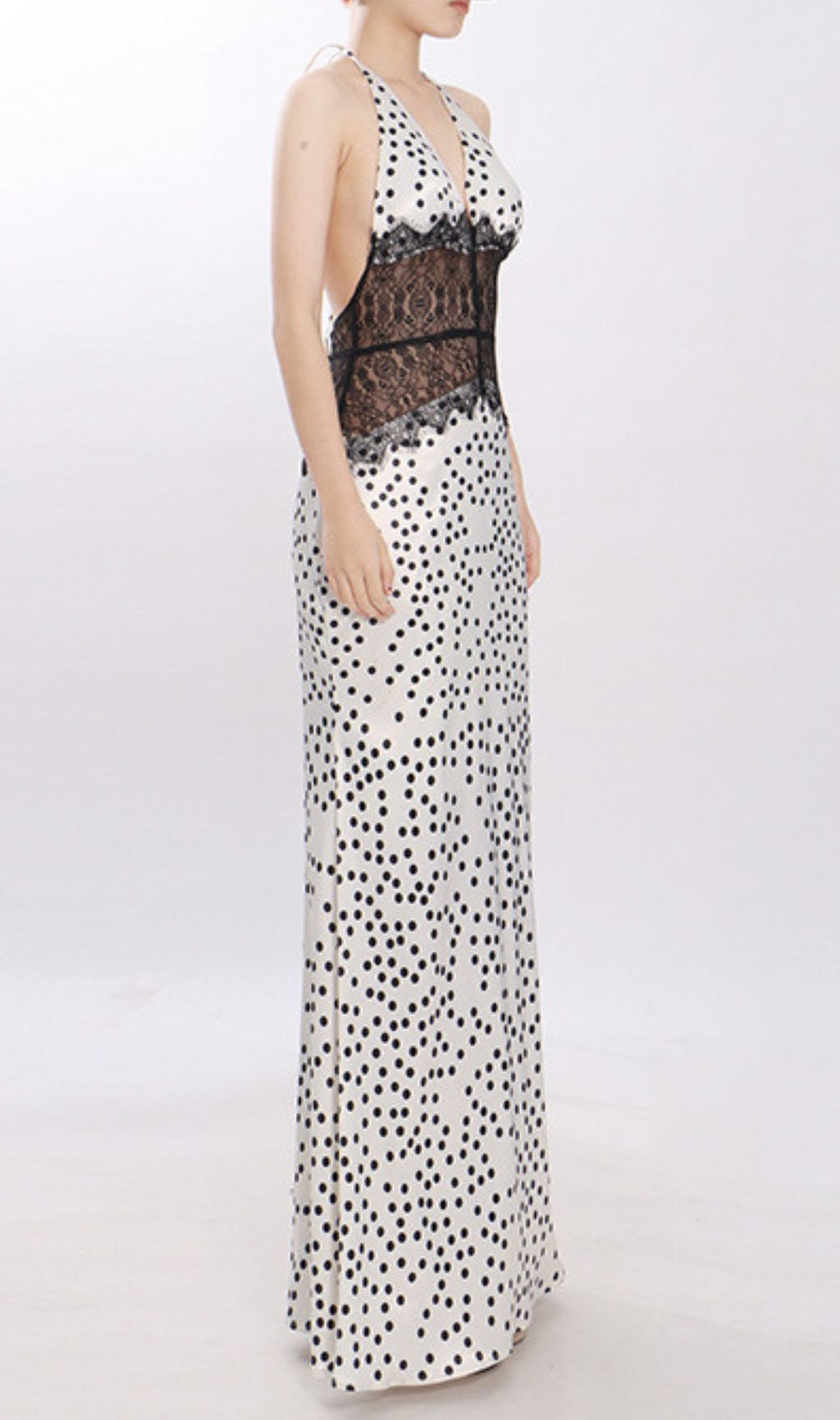 Jezziel Chic Polka Dot & Lace Halter Maxi Dress - Elegant Women's Gown