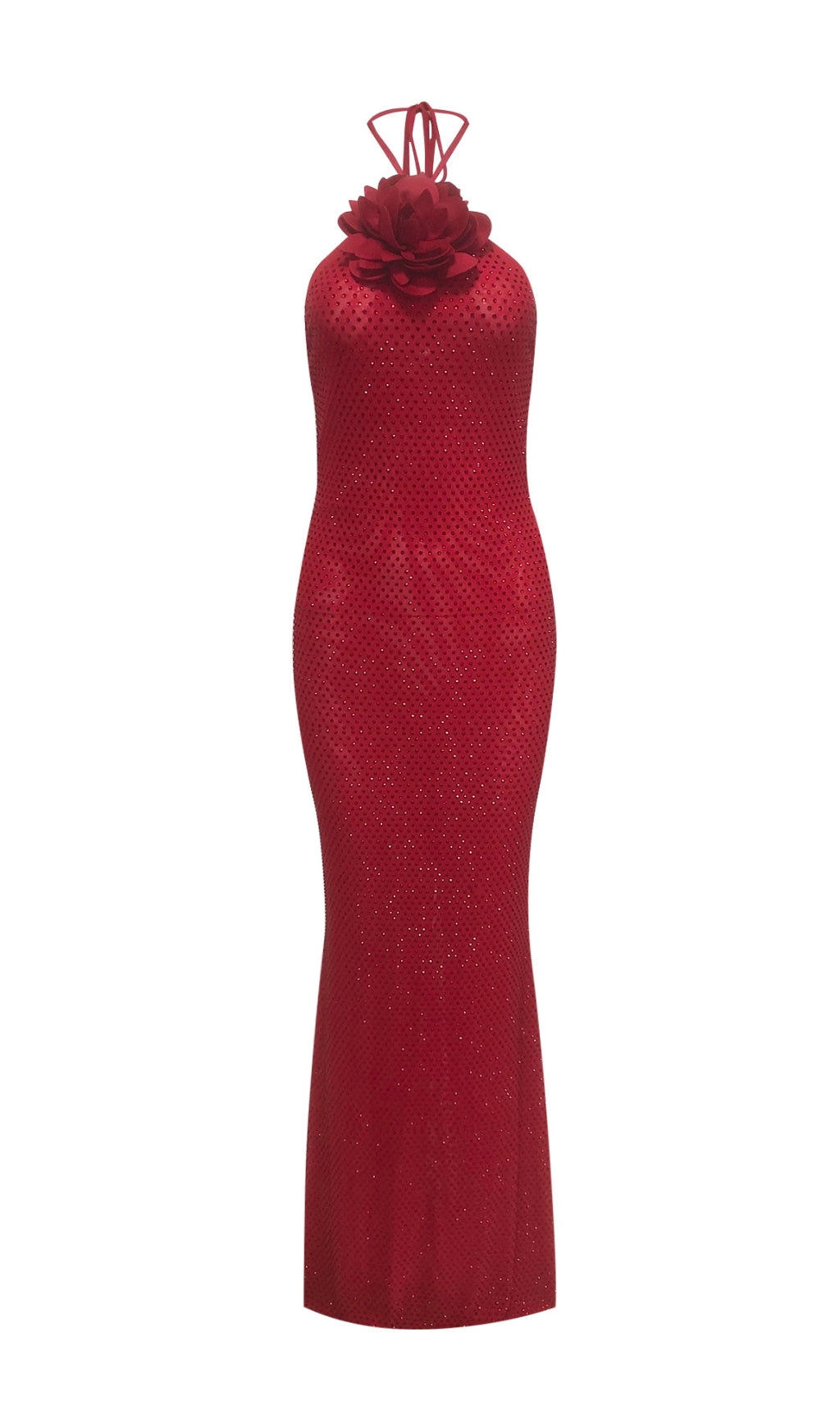 Deimena Red Flower Halter Crystal Maxi Dress