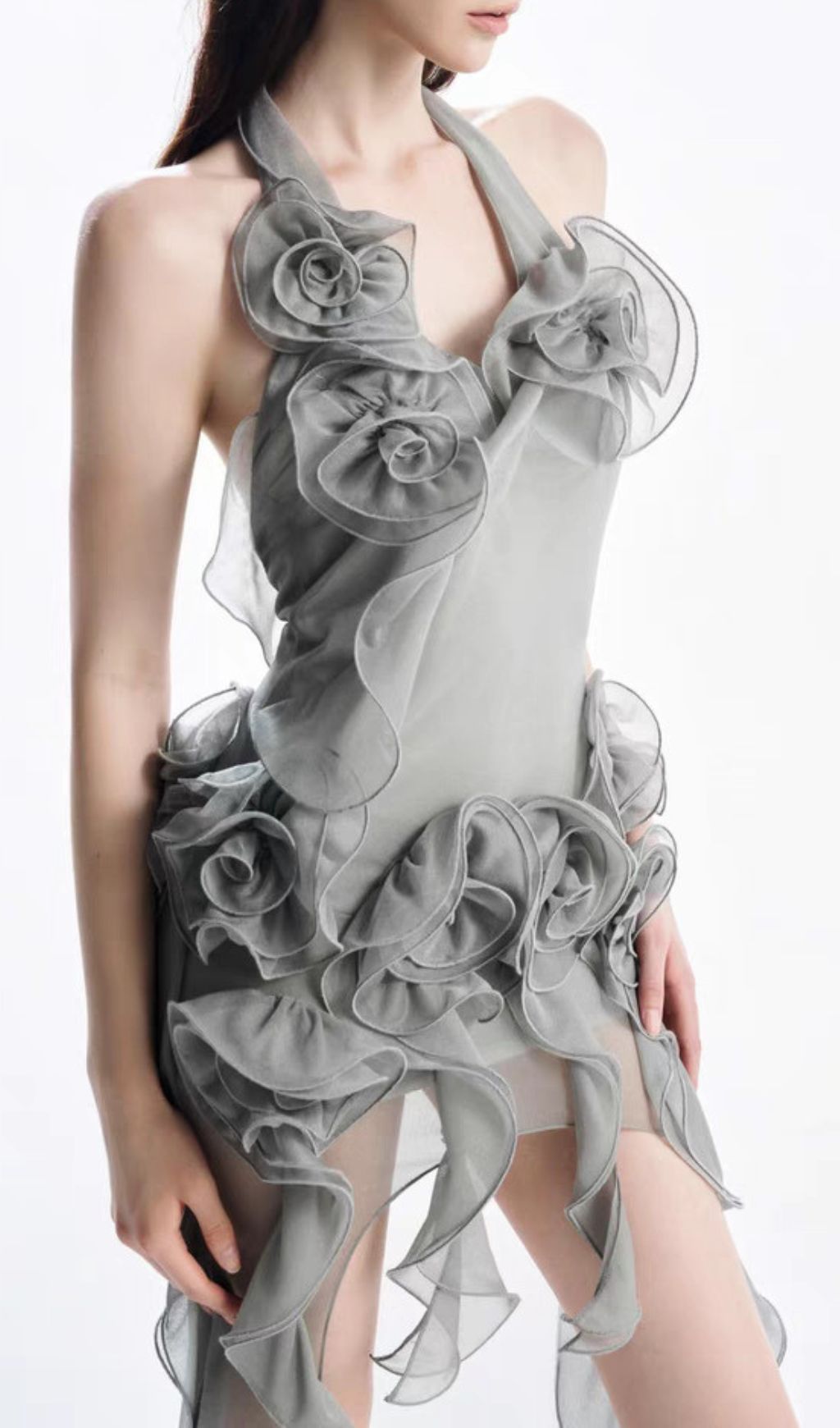 Hailey Grey Halter Flower Maxi Dress