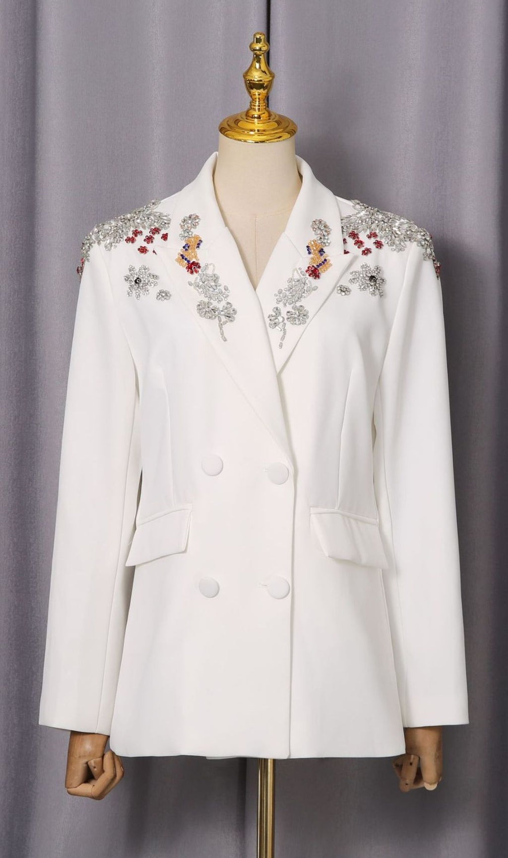 Idoya Diamante Floral Embellished Black Double-Breasted Blazer for Women