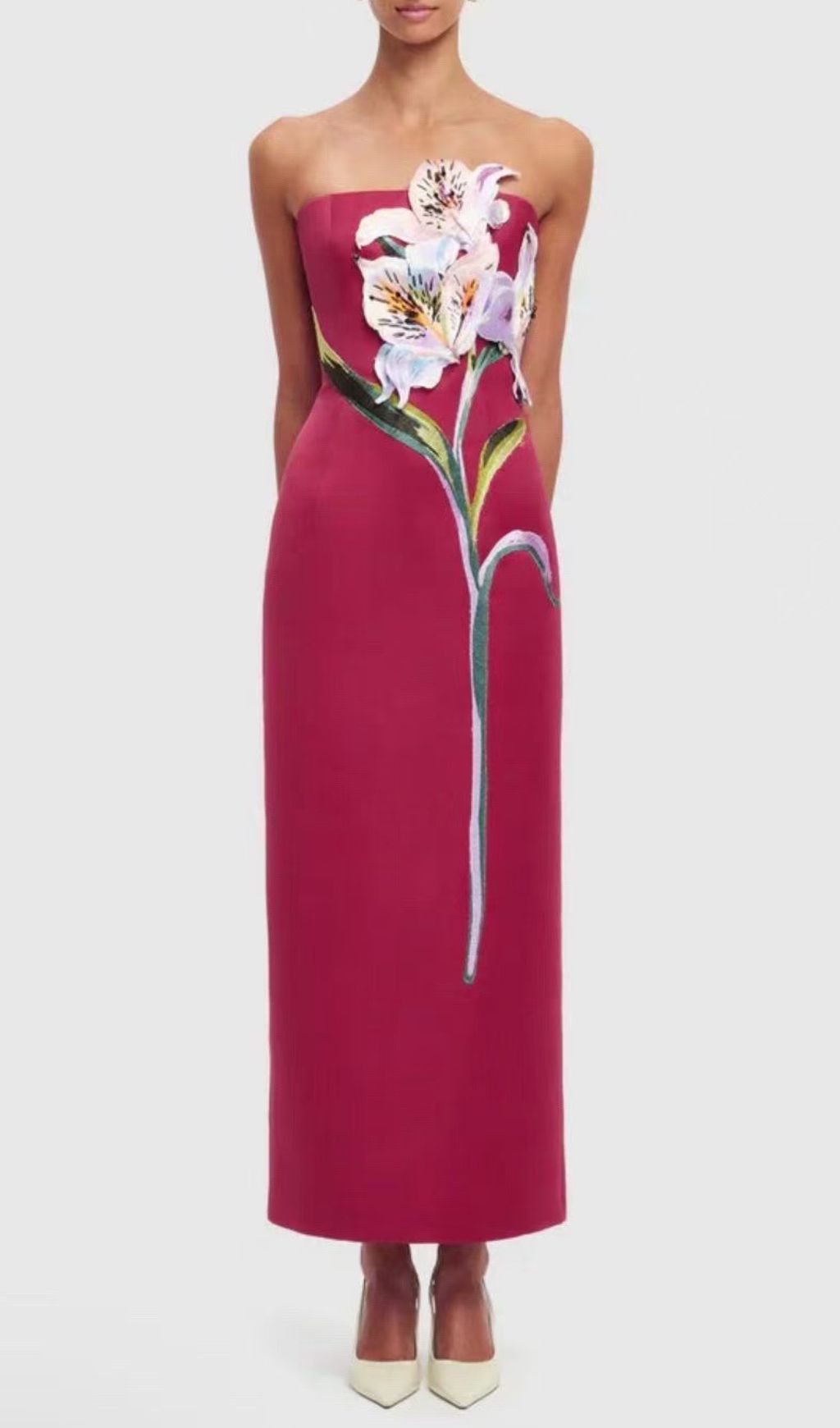 Jeneve Strapless 3D Floral Midi Dress | Elegant Magenta Statement Gown