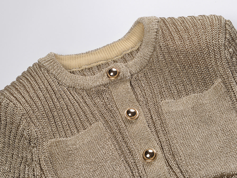 Shimmering Metallic Knit Mini Dress | V-Neck, Pockets & Ruffle Hem