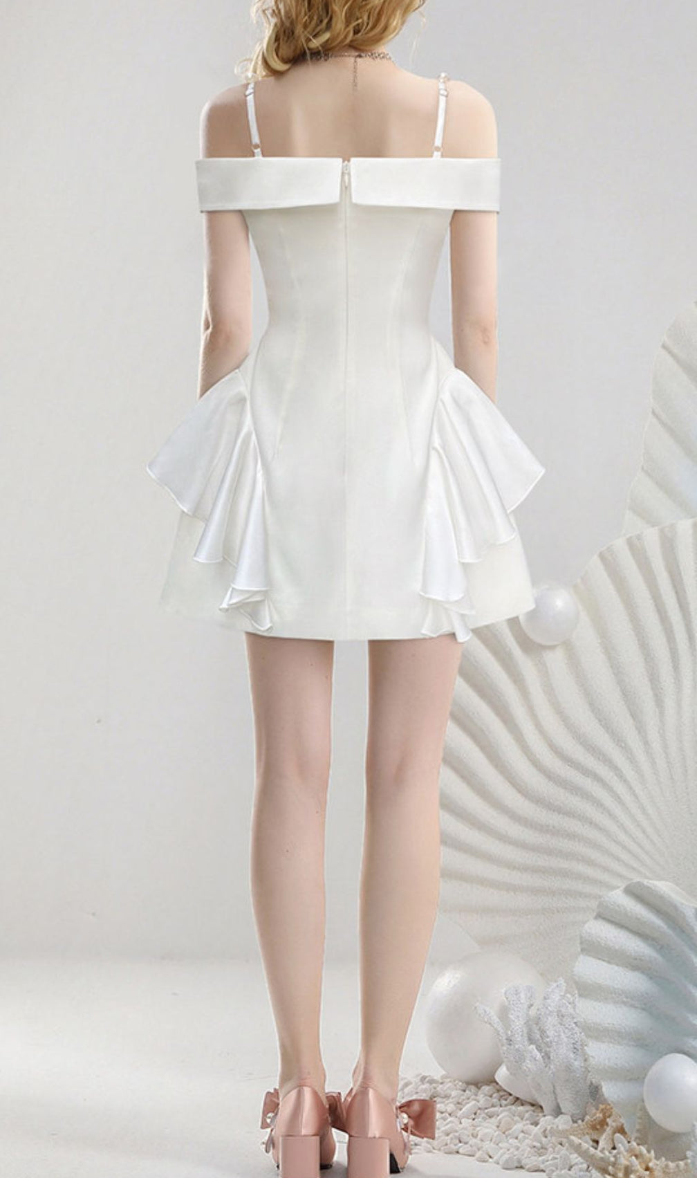 Jayleen White Ruffle Mini Dress | Chic Off-Shoulder with Pearl Straps for Bridal & Parties