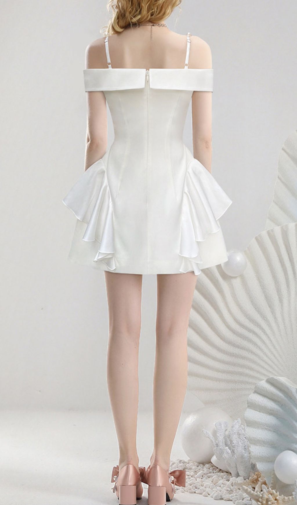Jayleen White Ruffle Mini Dress | Chic Off-Shoulder with Pearl Straps for Bridal & Parties